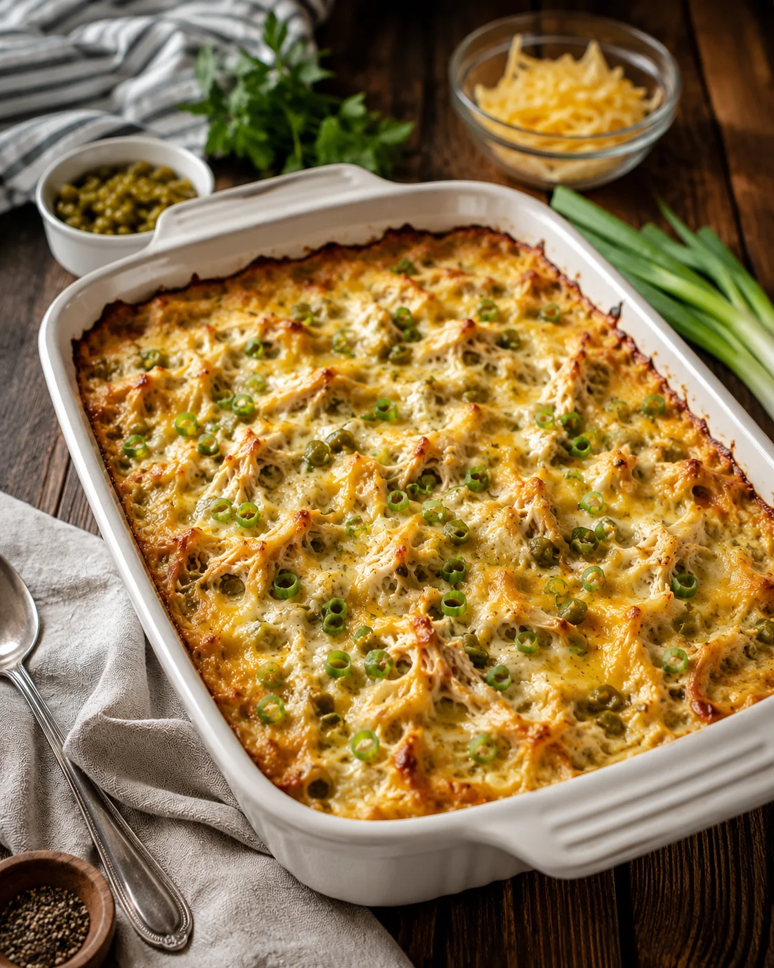 Golden baked chicken casserole in a white dish topped with green onion rings on a wooden table