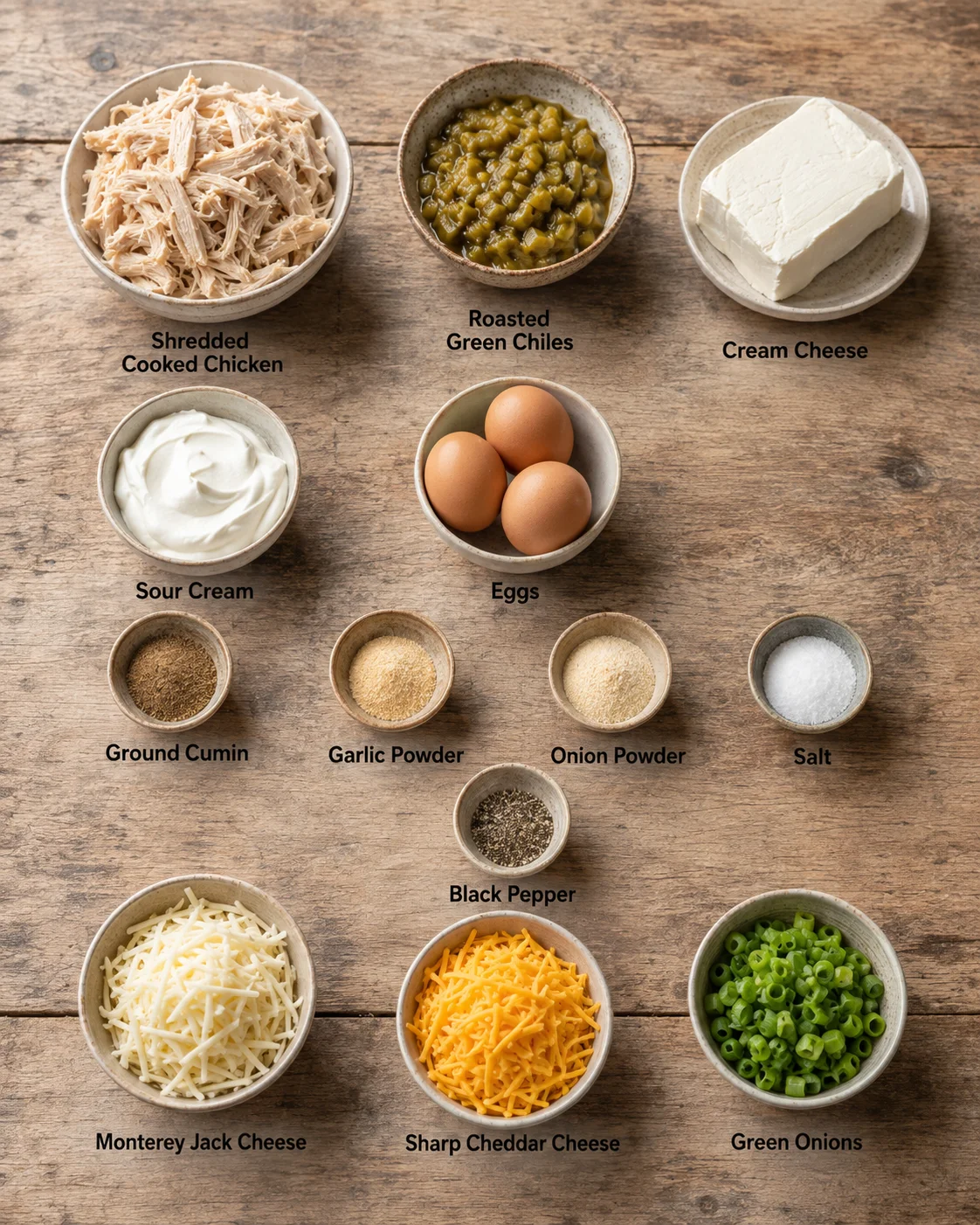 Top-down view of bowls with shredded chicken, green chiles, cream cheese, sour cream, eggs, spices, and cheeses on a wooden table