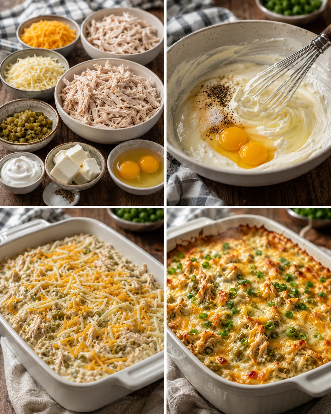 collage of prep ingredients and a baked cheesy chicken casserole in white dishes