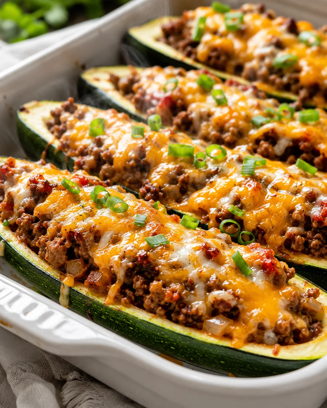 halved zucchini boats stuffed with seasoned beef, onions, melted cheese, and chopped green onions.