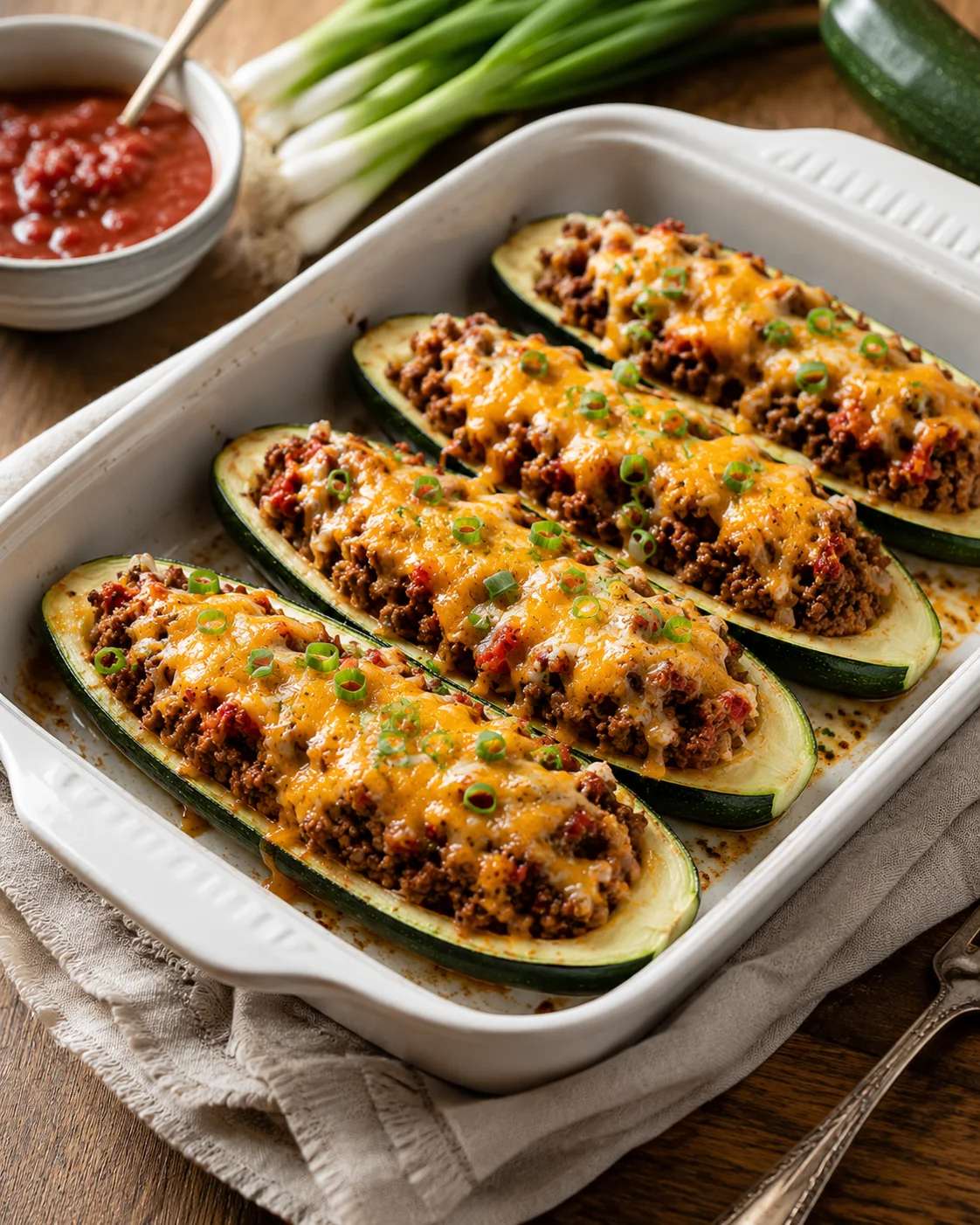 baked zucchini boats stuffed with seasoned beef, melted cheese, and green onions