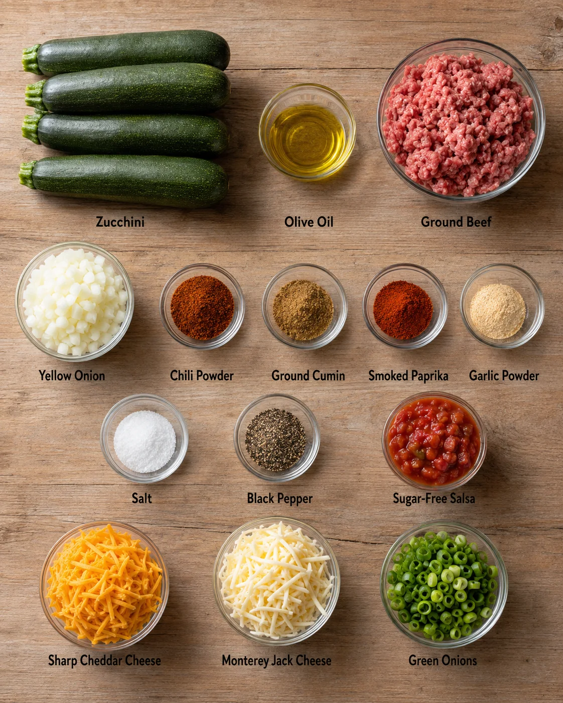 top-down layout of zucchini, ground beef, olive oil, onions, spices, cheeses, and salsa on a wooden surface