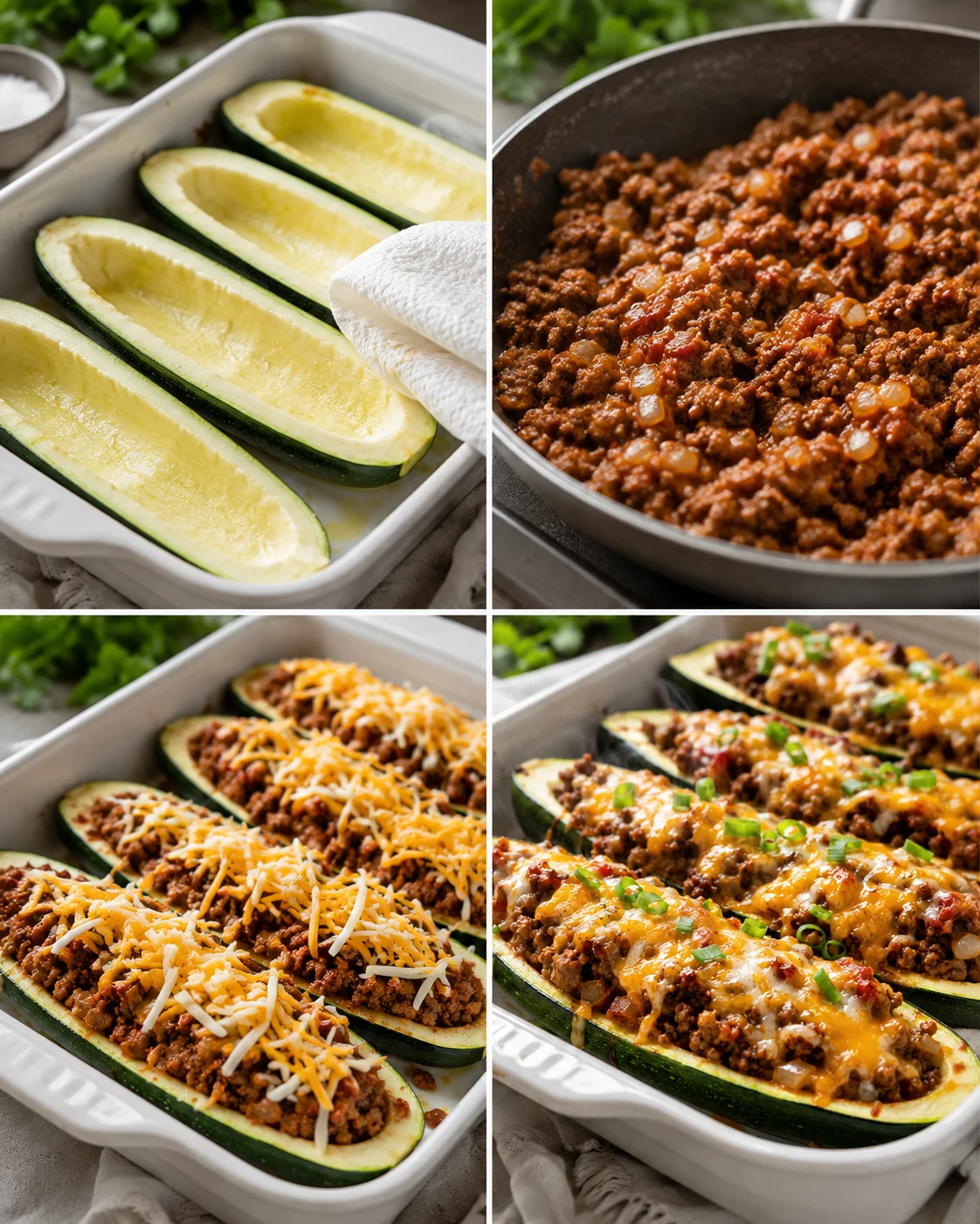 Four-panel collage of zucchini boats stuffed with meat and cheese, from prep to bake, in a bright kitchen setting.