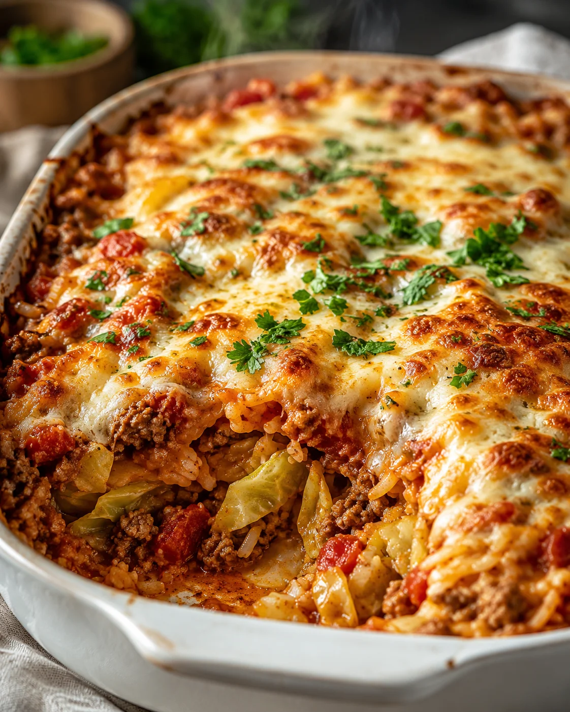 baked cheesy meat and rice casserole in a white dish, parsley garnish on top
