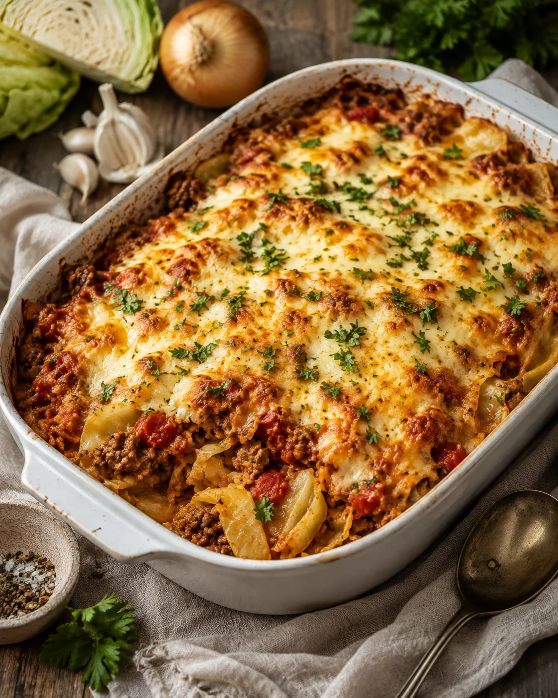 cheesy lasagna bubbling in a white baking dish with parsley, on a rustic wooden table