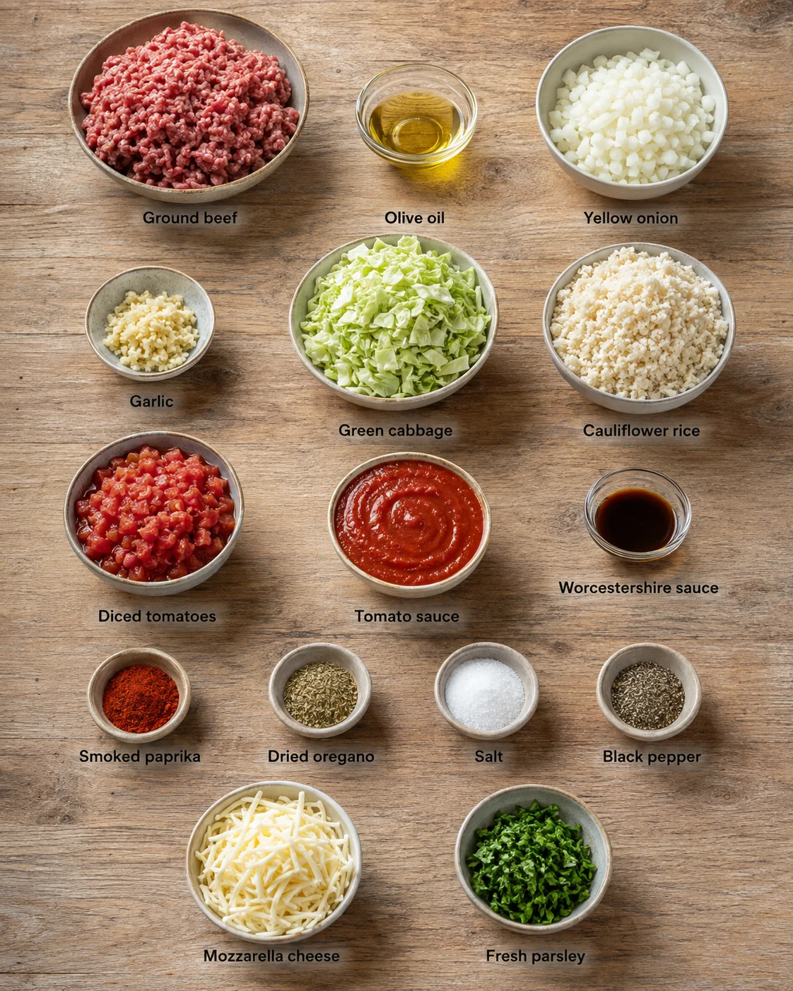 Top-down view of labeled bowls with raw ingredients and pantry staples arranged on a wooden surface