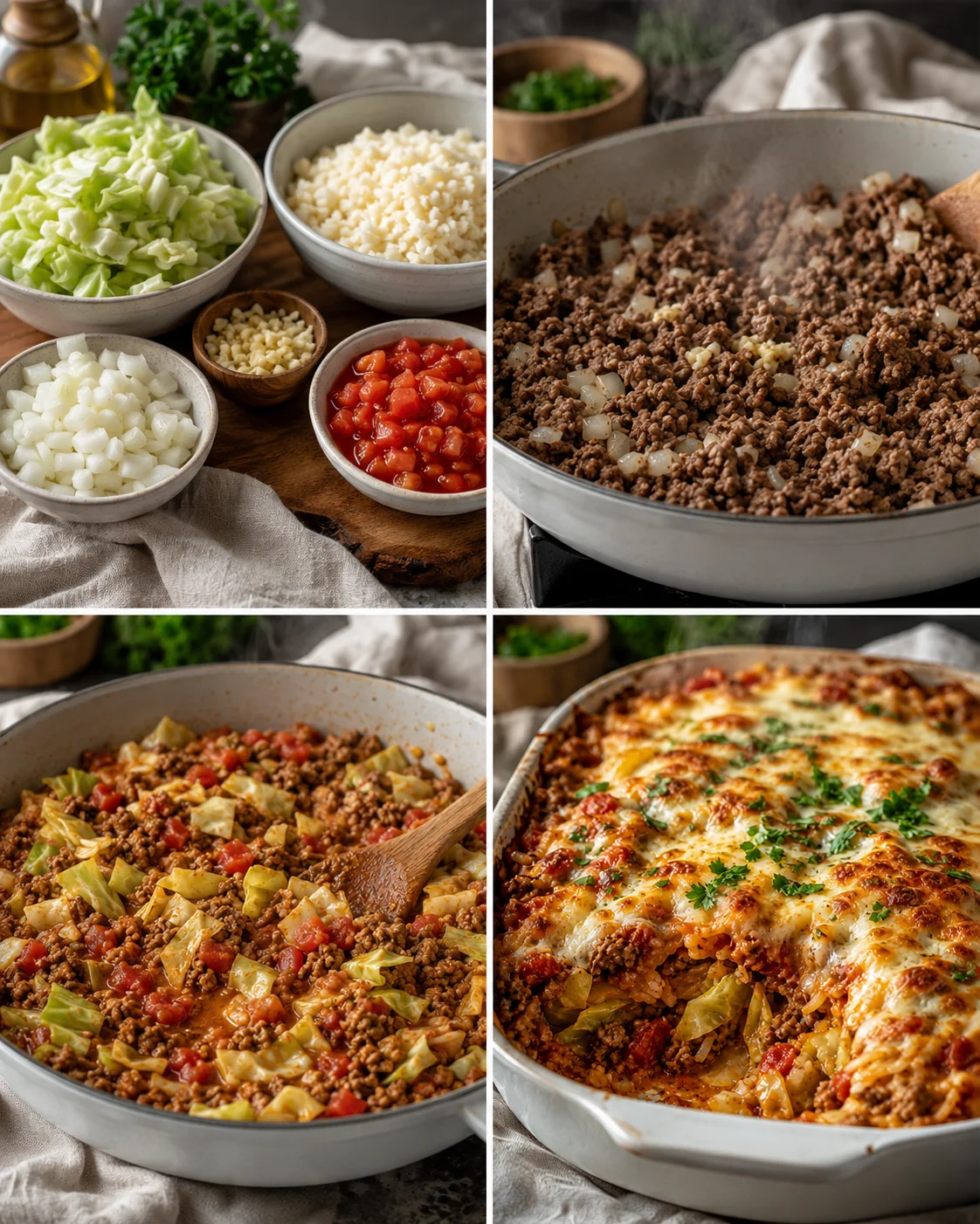 Multi-panel collage showing chopped cabbage, onions, and tomatoes; ground beef filling; and a cheesy baked casserole.