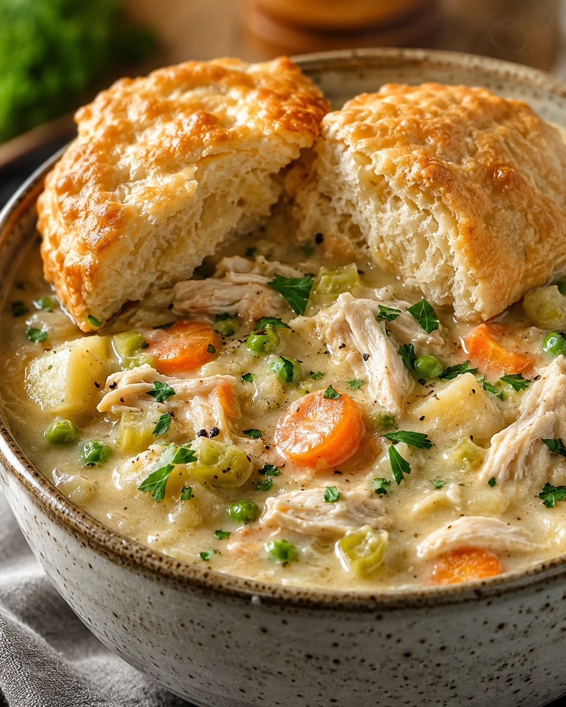Creamy chicken stew with carrots, potatoes, peas, parsley, and a flaky biscuit topping in a rustic bowl.