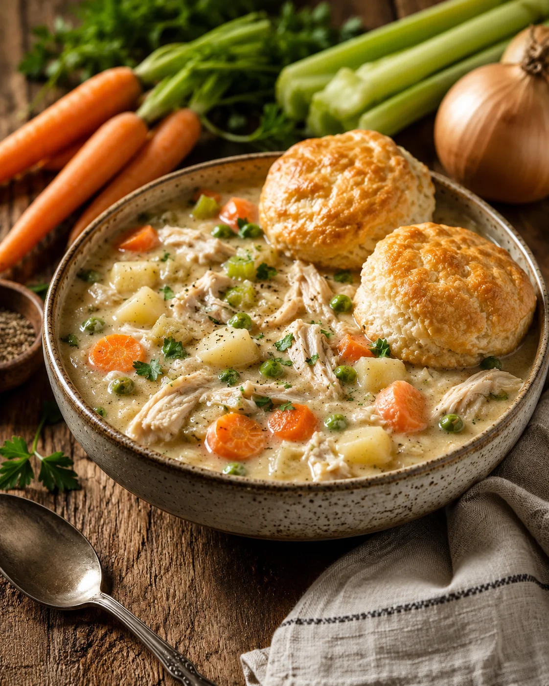 Creamy chicken vegetable soup with potatoes, carrots, peas, and two biscuits in a rustic bowl.