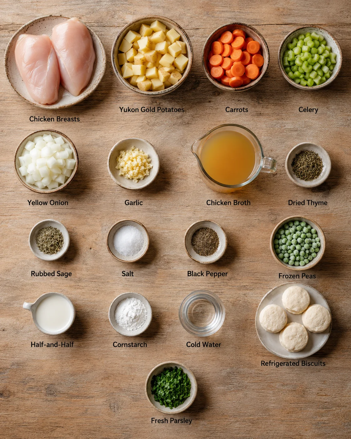 Top-down view of bowls with chicken, vegetables, spices and pantry items on a wooden table