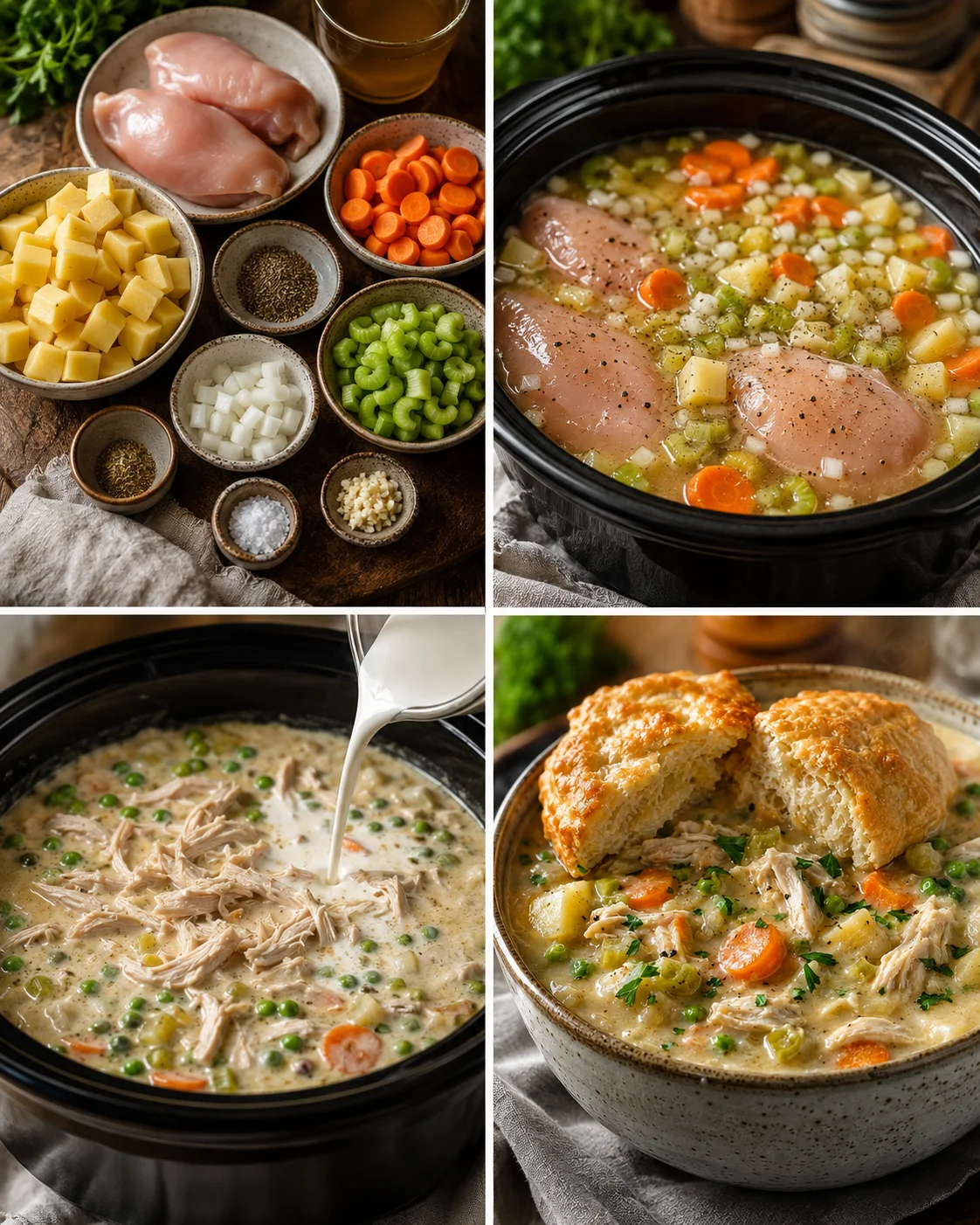 Four-panel collage showing ingredient bowls, slow cooker with chicken soup, pouring cream, and a creamy chicken vegetable chowder with a biscuit.