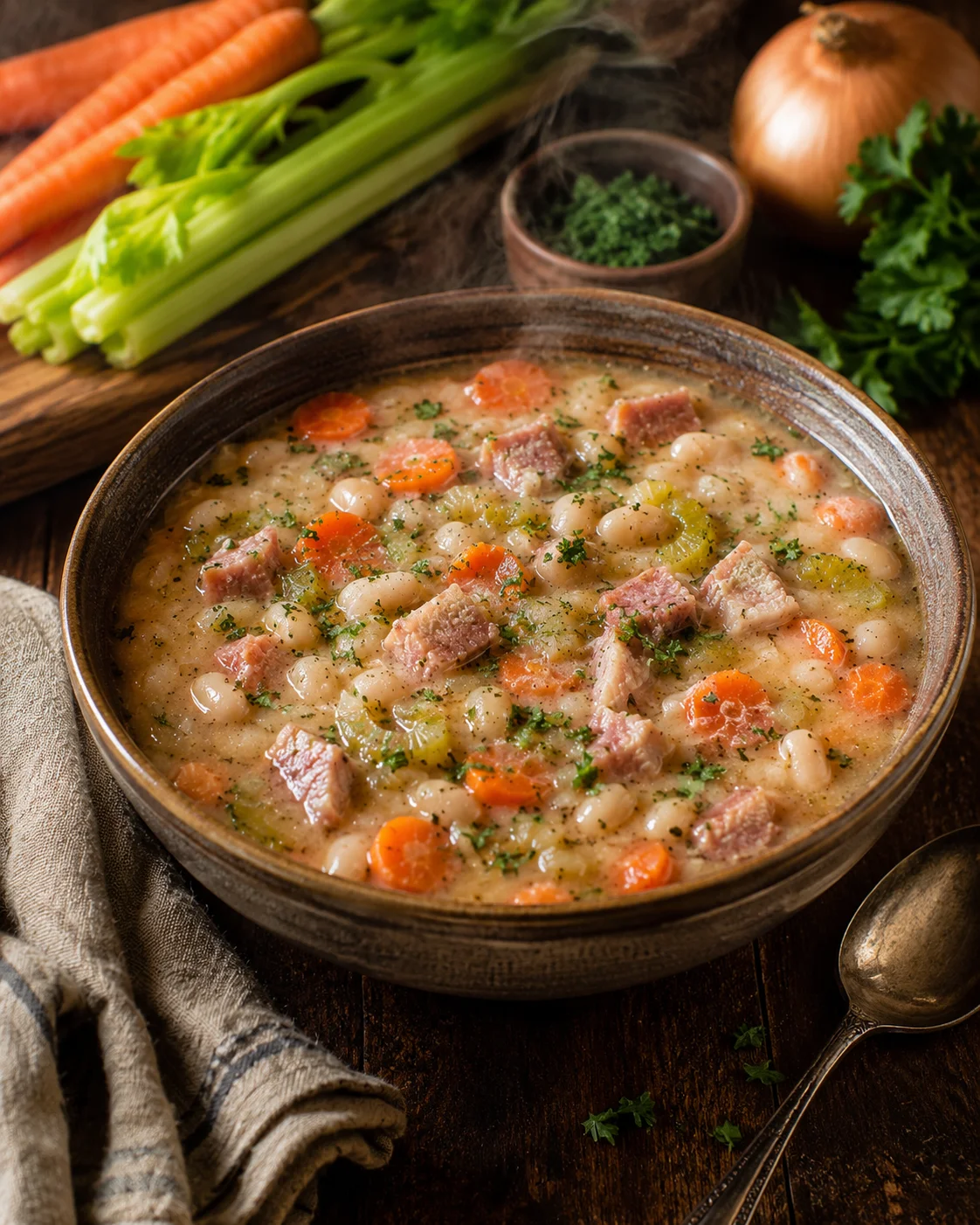 rustic brown bowl of creamy ham and bean soup with carrots, celery, and parsley