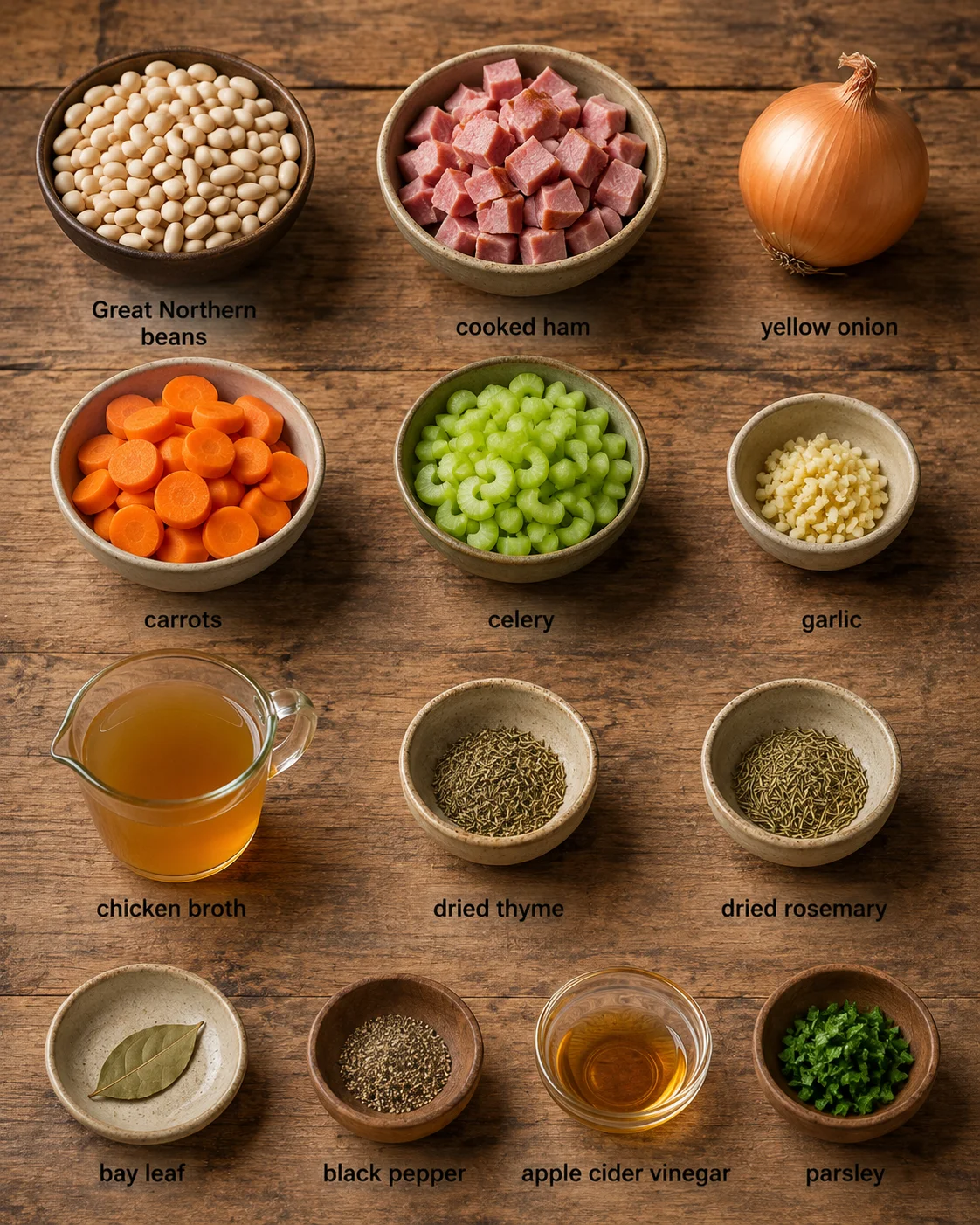 Wooden table with bowls of labeled ingredients arranged in a grid under each bowl