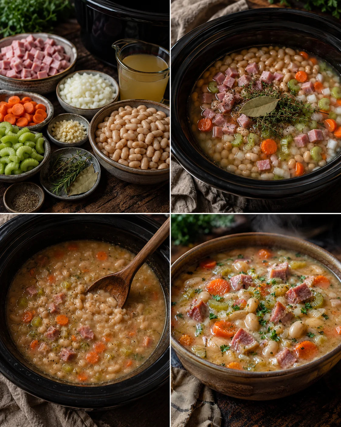 Collage of ingredients and simmering ham-bean soup in a slow cooker