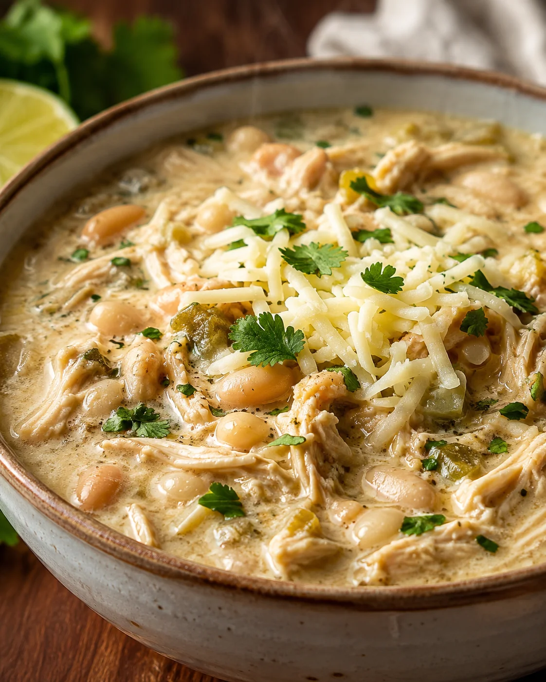 bowl of creamy chicken white chili topped with shredded cheese and cilantro