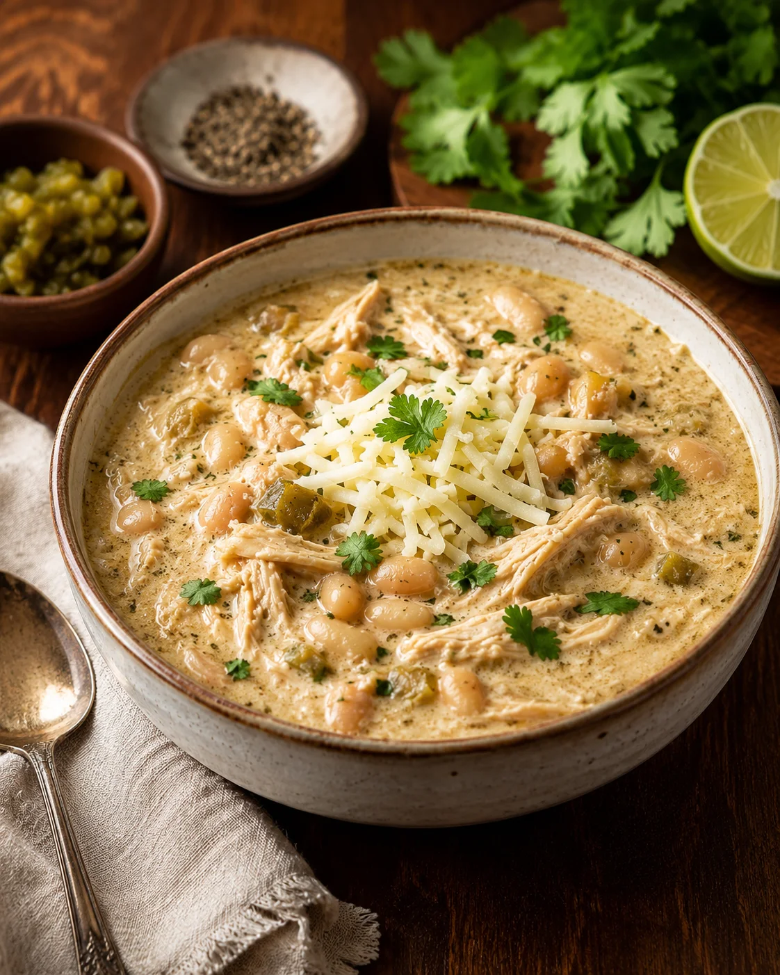 Bowl of creamy white bean chicken soup with shredded chicken, cheese, cilantro.