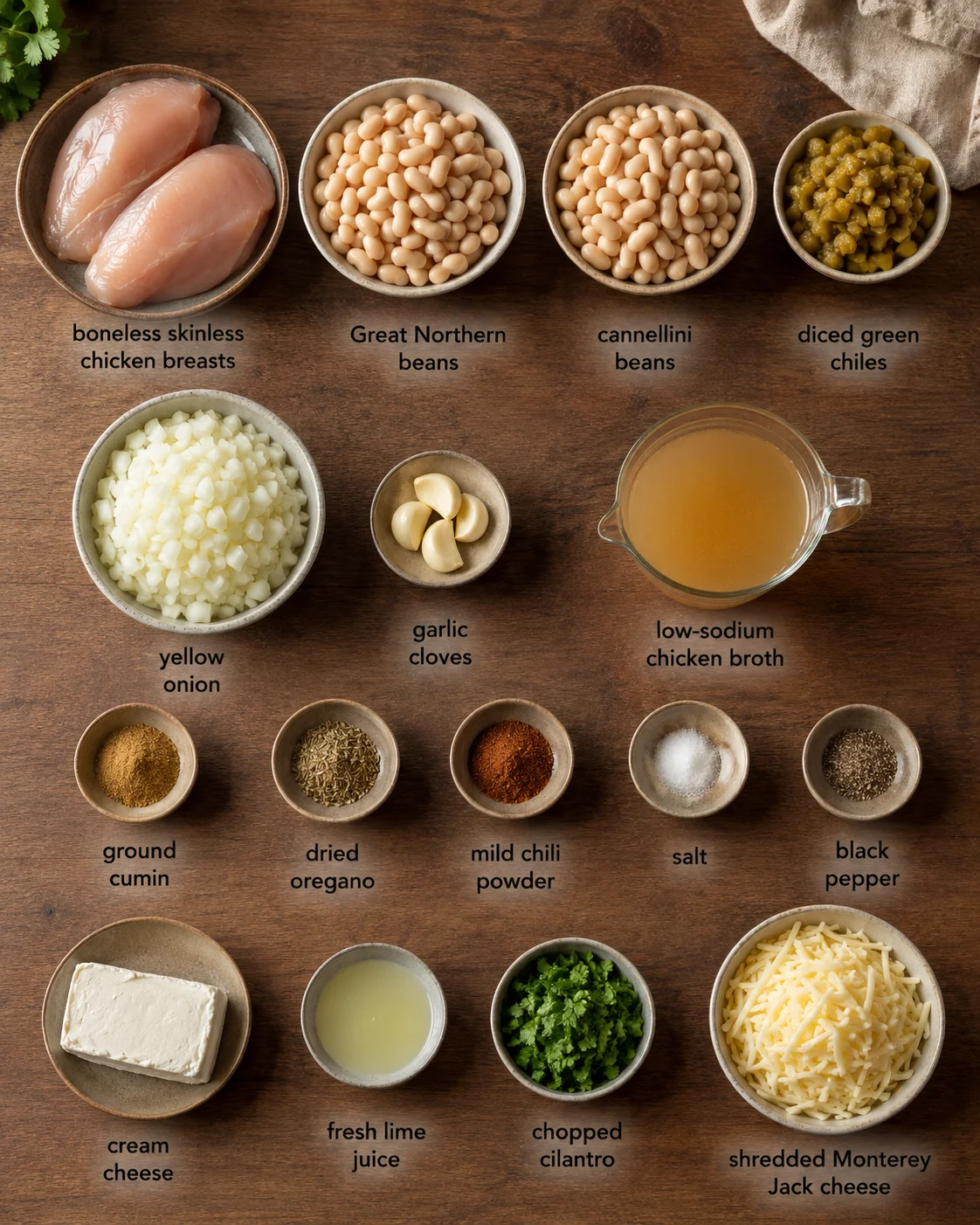 Overhead view of labeled ingredient bowls arranged on a wooden table.