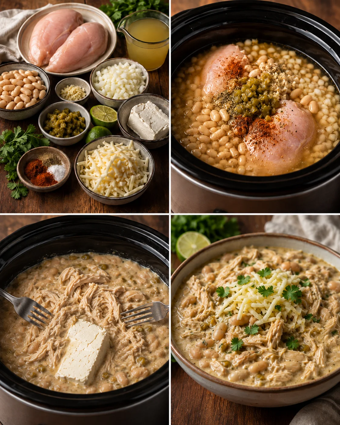 Collage showing ingredients and finished white chicken chili in a crockpot and serving bowl.