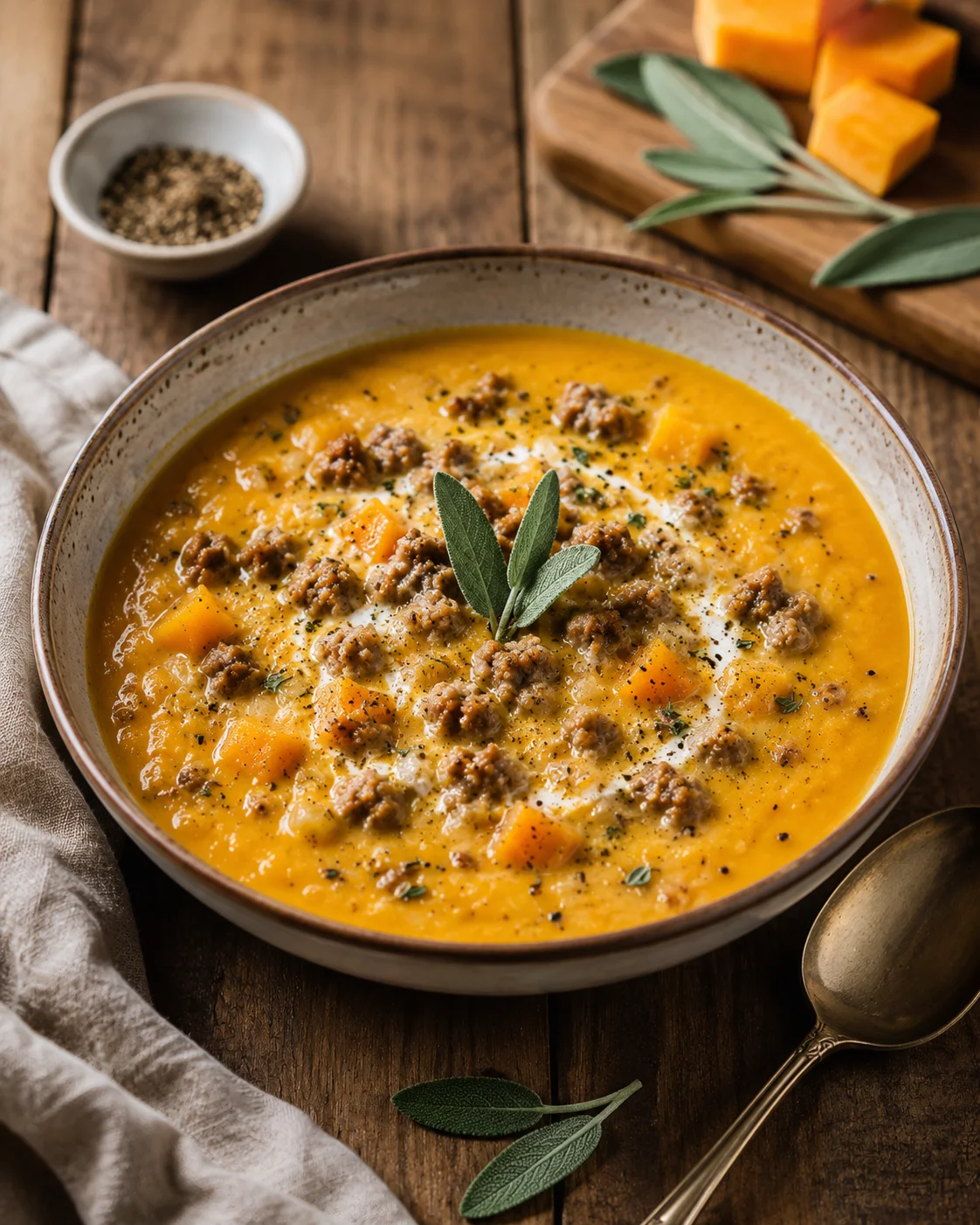 Creamy orange squash soup topped with crumbled sausage and sage leaves in a rustic bowl.