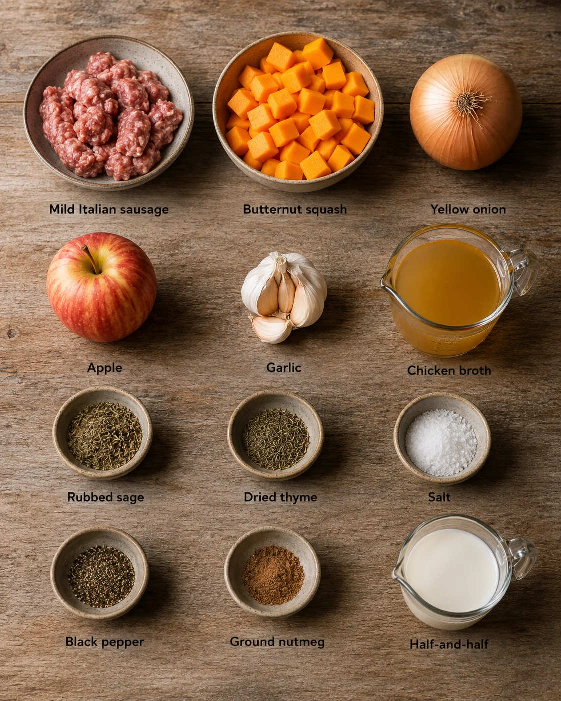overhead view of labeled ingredients including sausage, squash, onion, apple, garlic, broth, and spices on wood