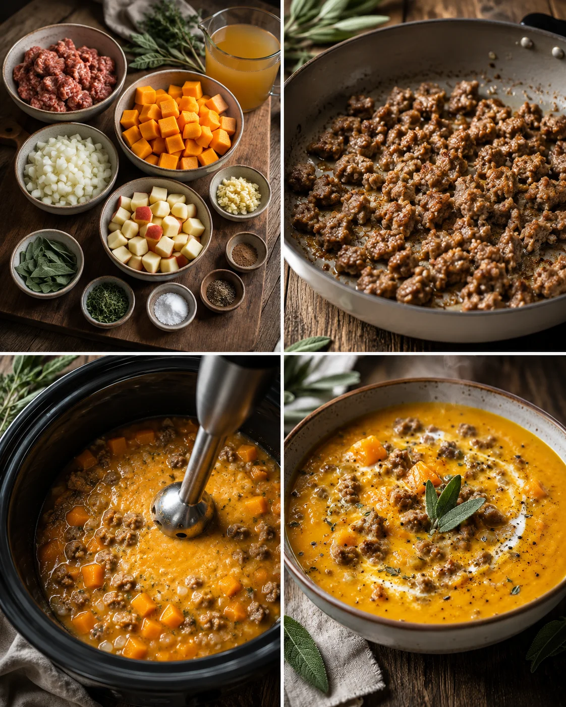 Four-panel collage showing ingredients and steps for a hearty butternut-squash beef soup.