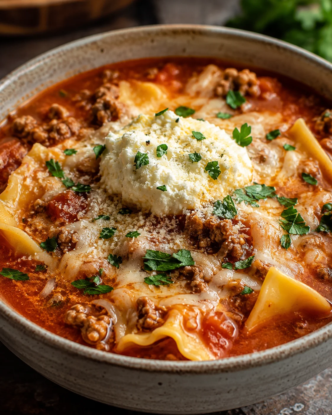 Delicious slow cooker lasagna soup with cheese and seasoned beef in a bowl