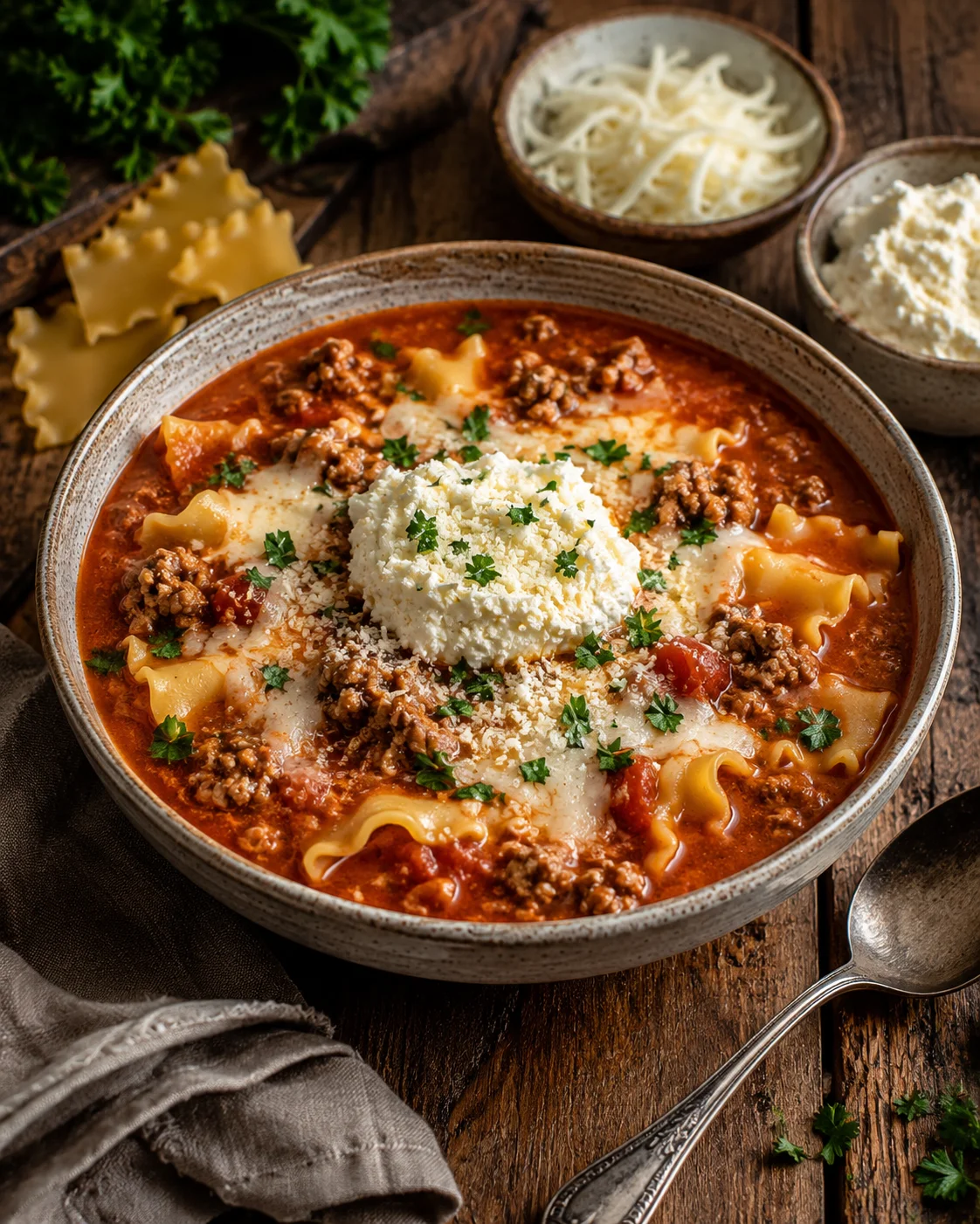 Hearty and cheesy crockpot lasagna soup served in a rustic bowl with cheese and herbs.