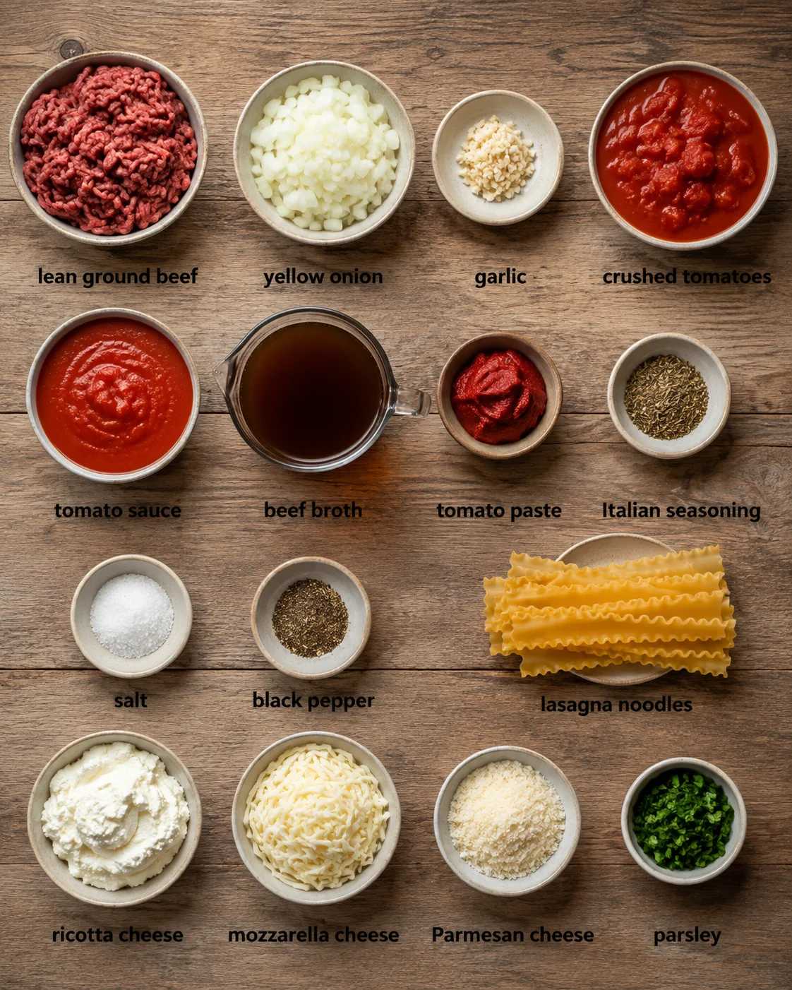 Ingredients for hearty Crockpot lasagna soup with beef, cheese, and tomatoes.