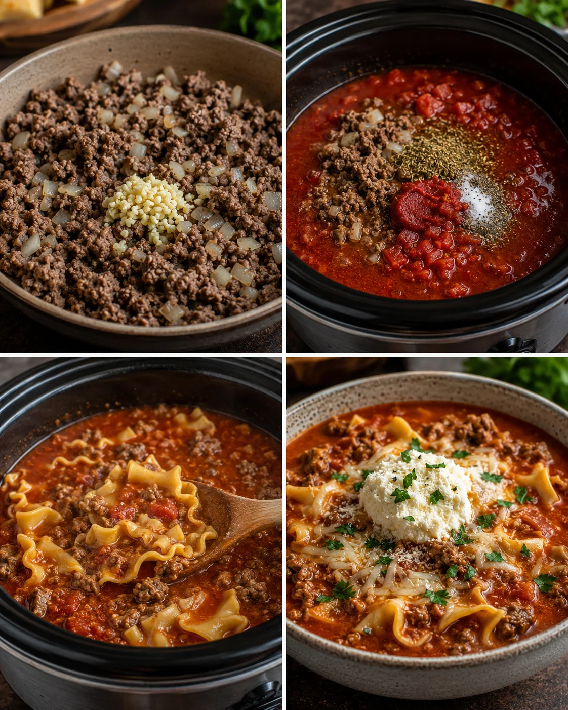 Delicious slow cooker lasagna soup with melted cheese and hearty beef.