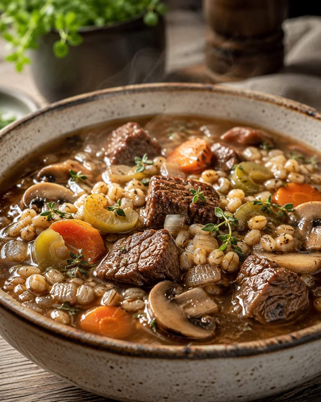 A bowl of hearty beef and barley soup filled with vegetables and herbs