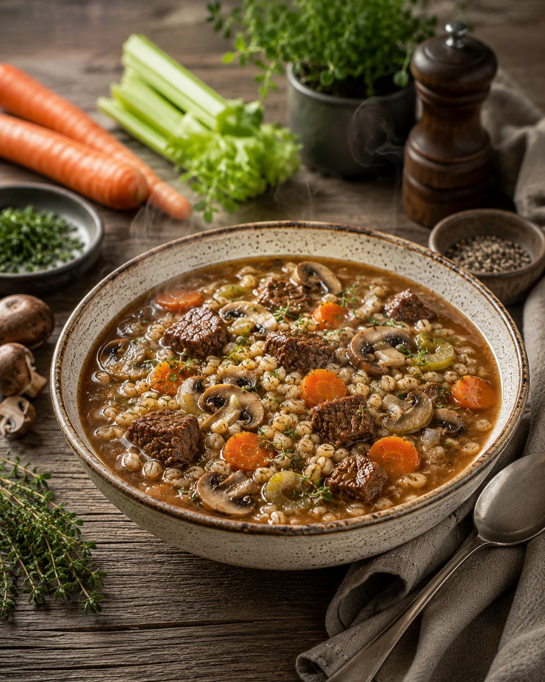 Steaming bowl of beef and barley soup with fresh vegetables and herbs.