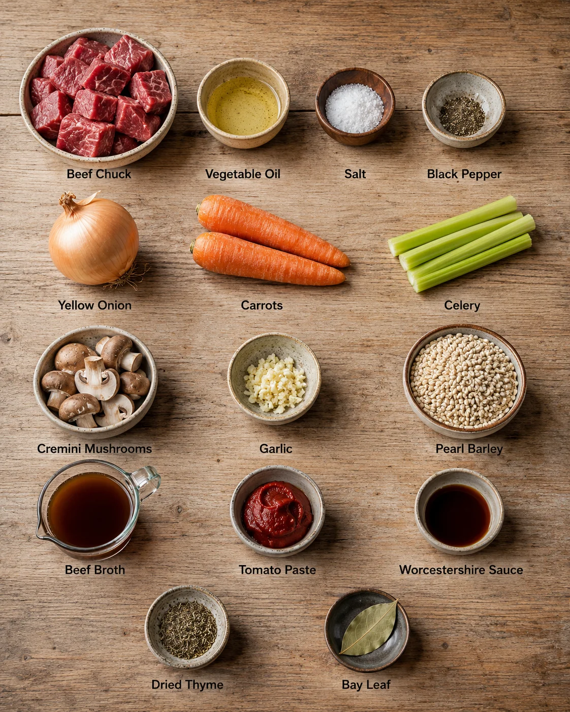 Ingredients for hearty crockpot beef barley soup arranged on a wooden surface.