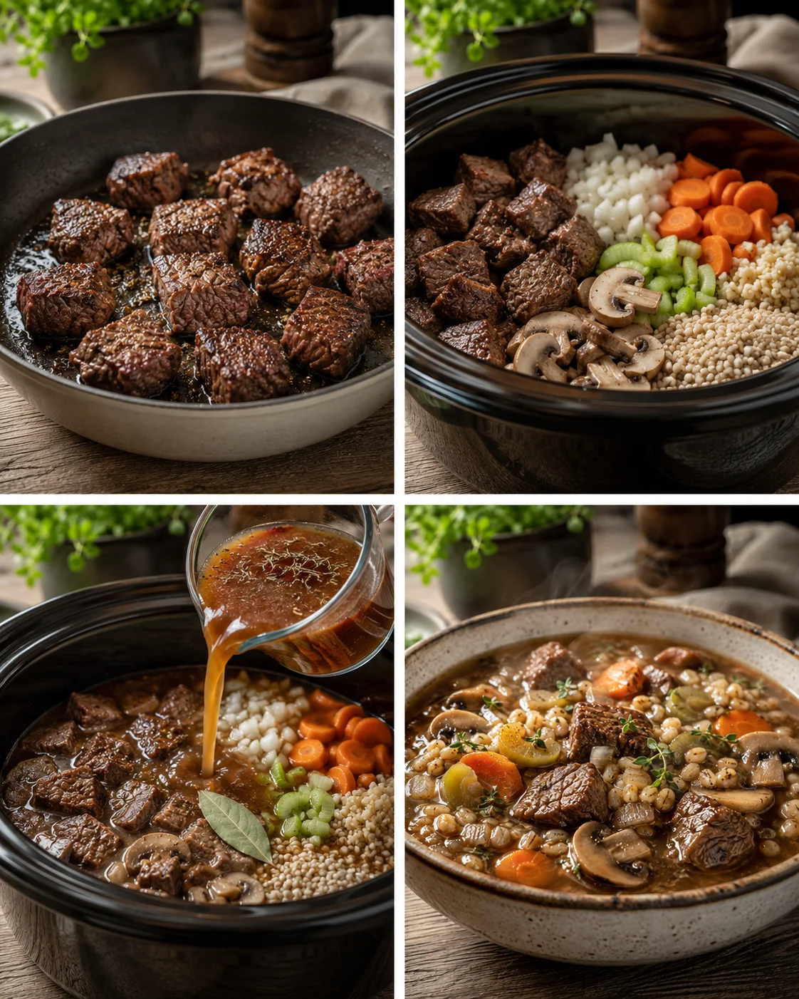 Delicious beef barley soup cooking in a slow cooker with vegetables and herbs