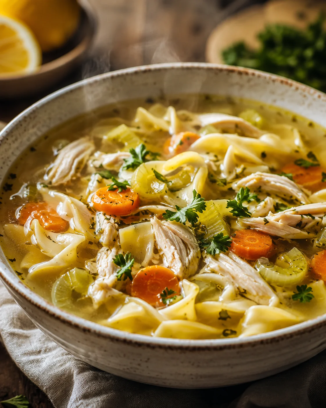 Steaming bowl of chicken noodle soup with carrots, celery, and parsley