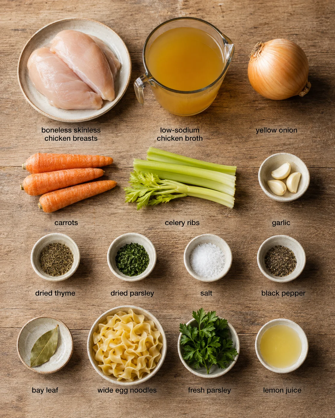 top-down view of chicken noodle soup ingredients laid out on wood with labels