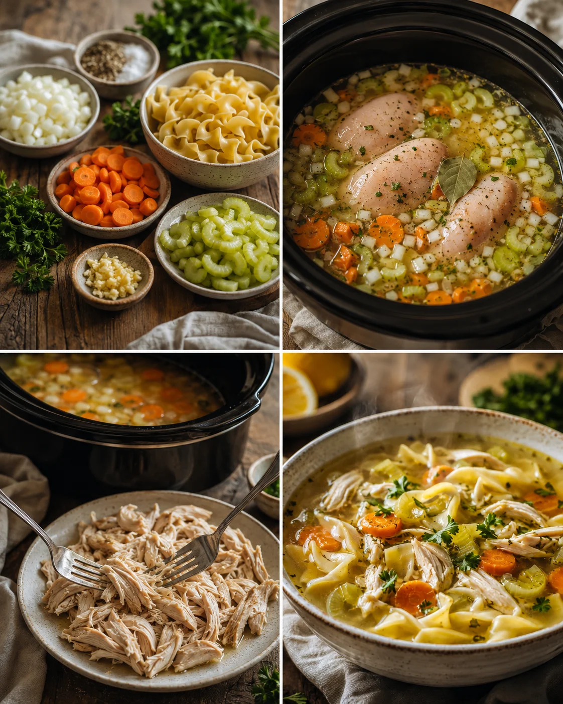 Collage of ingredients and soup: chopped onions, carrots, celery, pasta, and shredded chicken.