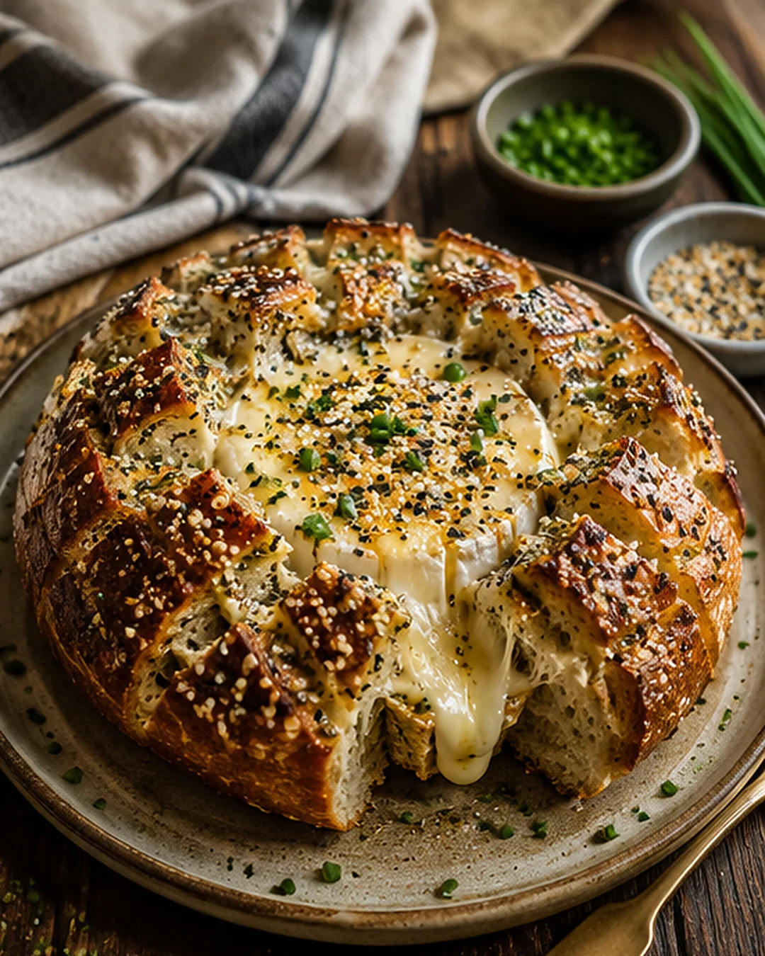 Baked Brie Pull-Apart Bread Close-up of baked pull-apart bread with melted cheese, herbs, and seasoning topping