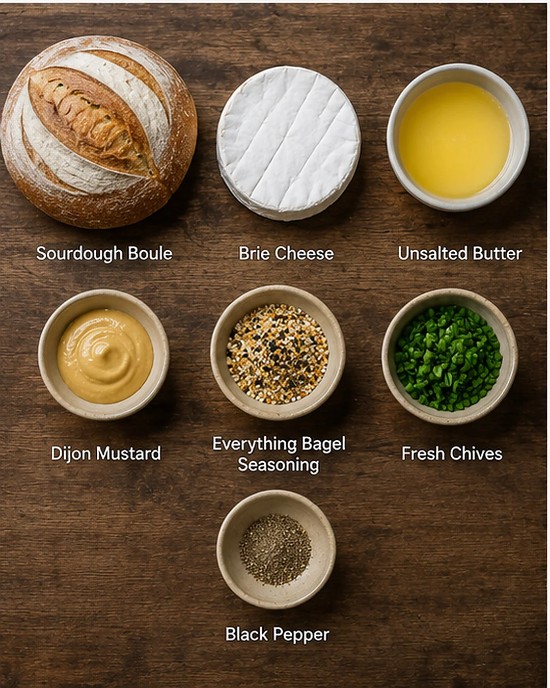 Overhead view of sourdough boule, brie, butter, mustard, bagel seasoning, chives, and pepper.