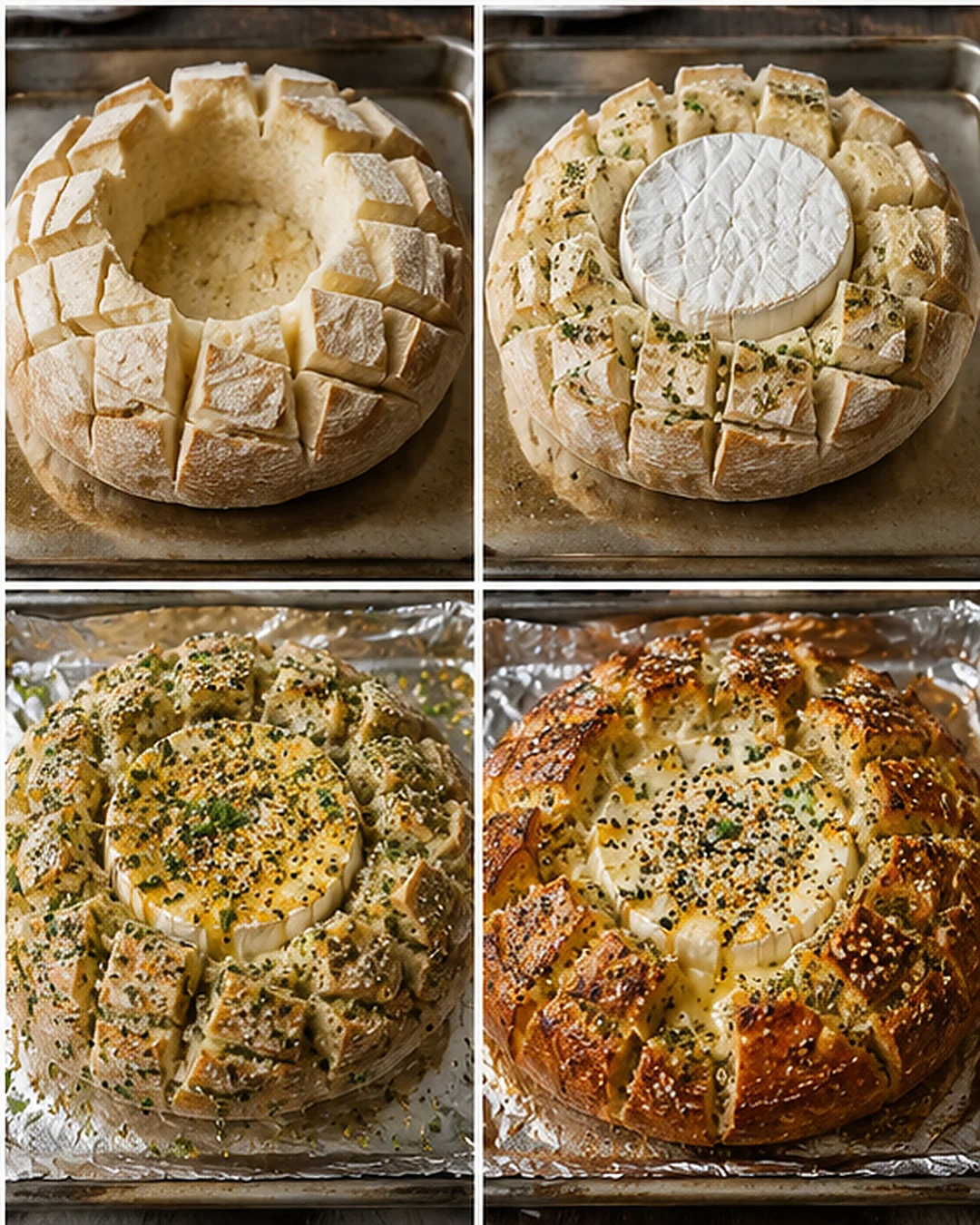 Four-panel collage showing a round brie-centered pull-apart bread at different baking stages.