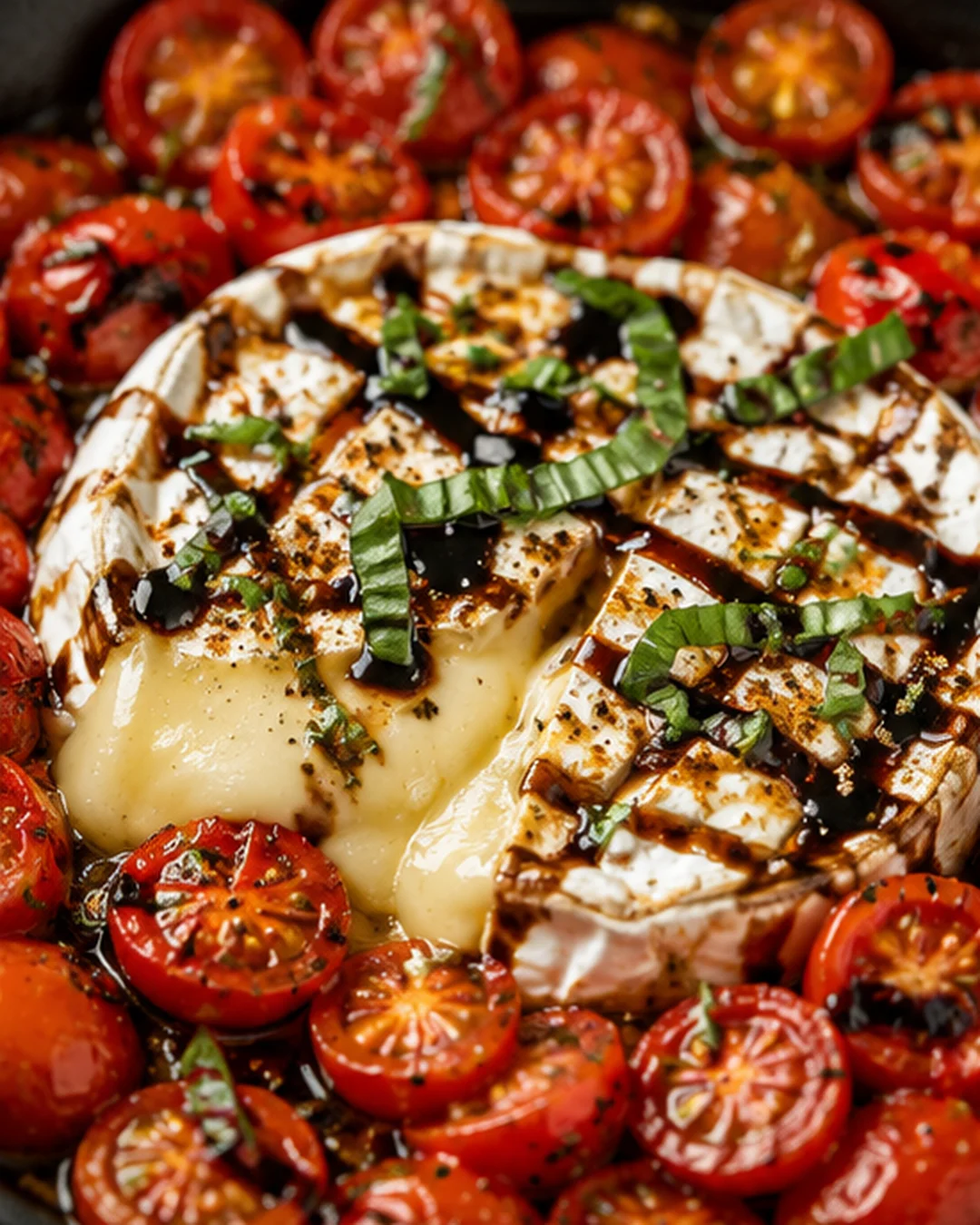 Cherry Tomato Baked Brie Appetizer Gooey baked Brie with roasted cherry tomatoes and fresh basil.