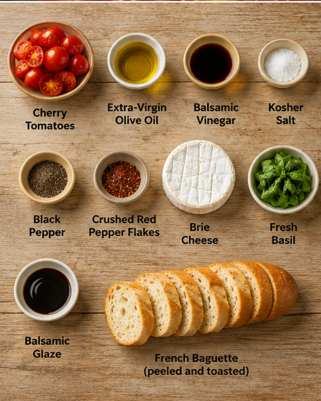 Top-down view of ingredients arranged on a wooden board, including tomatoes, oils, vinegar, spices, brie, basil, glaze, and sliced baguette.