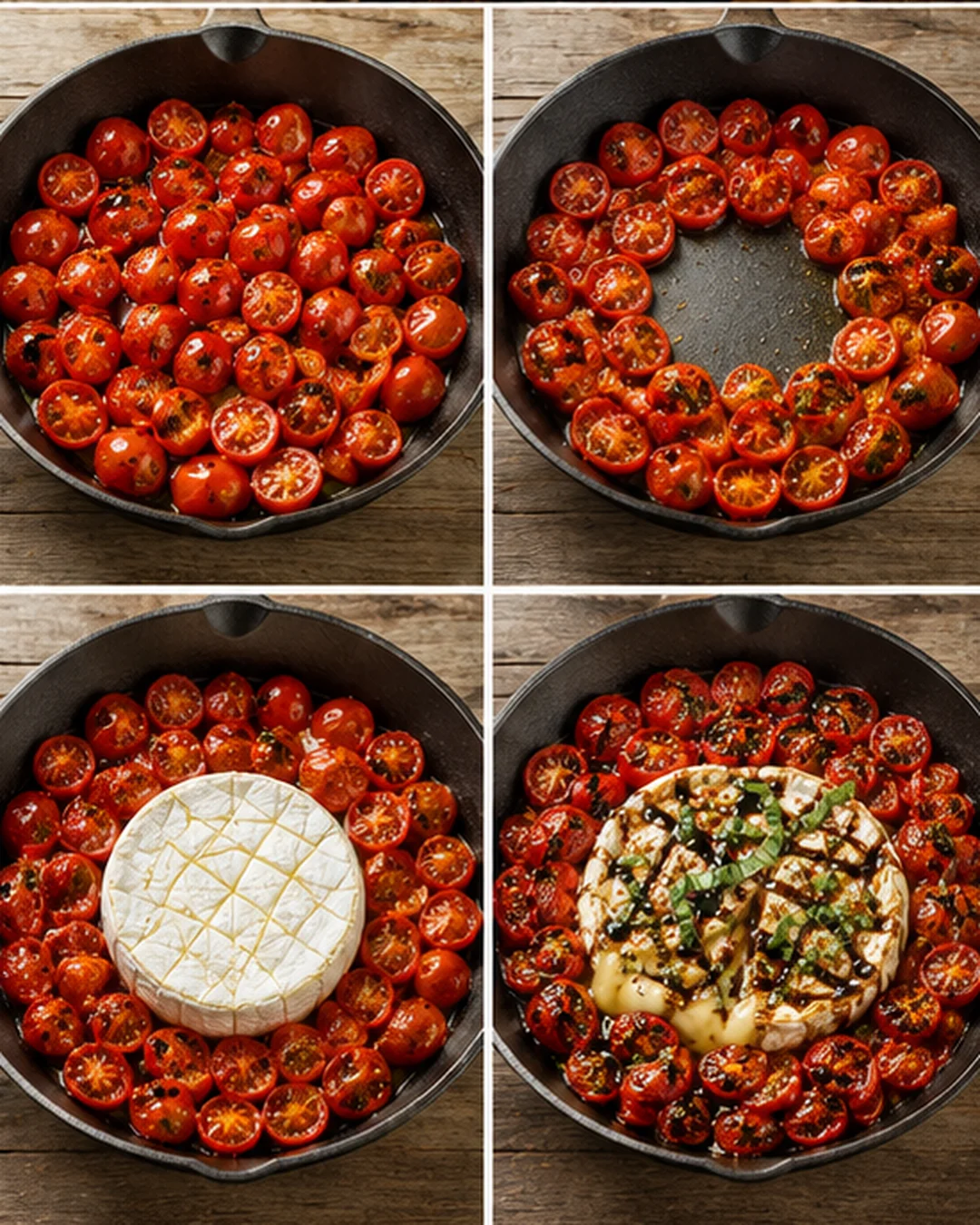 Top-down four-panel collage of a skillet filled with cherry tomatoes roasting, progressing from fresh tomatoes to baked brie with herbs.