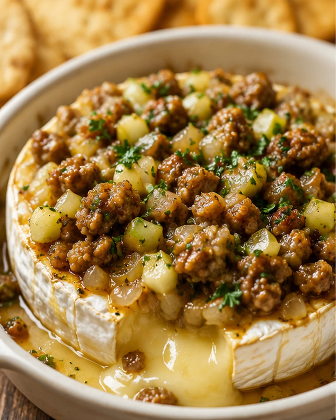 Round wheel of baked brie topped with sausage crumbles, potatoes, and parsley in a white dish