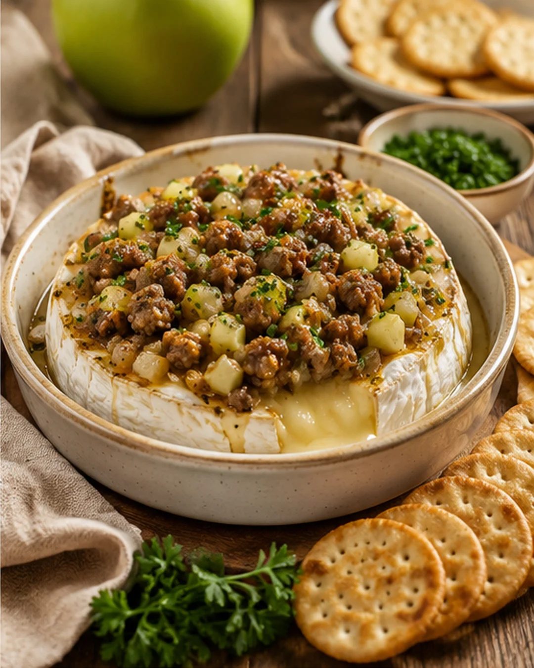 Creamy baked brie topped with beef crumbles, potatoes, and herbs in a ceramic dish, with crackers nearby.