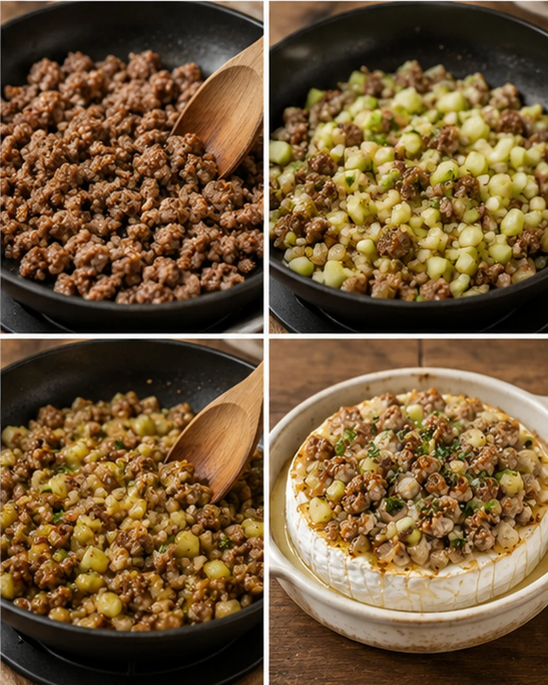 Collage showing browning ground beef with diced potatoes and served atop a round brie cheese.