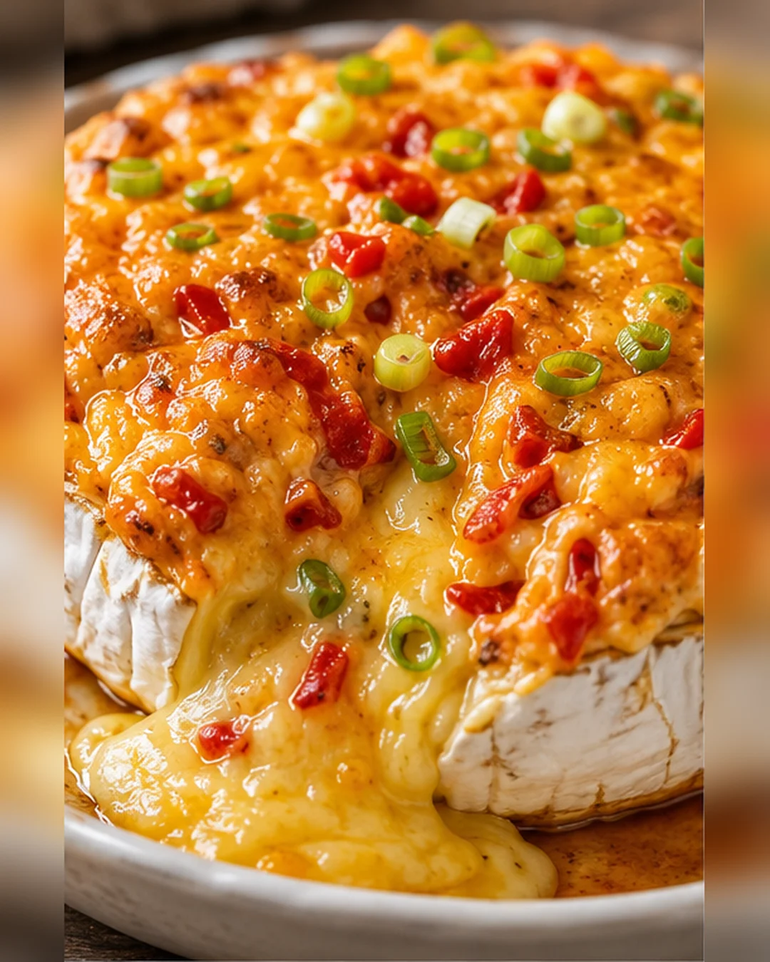 round baked brie with melted cheese, red peppers, and green onions on a plate