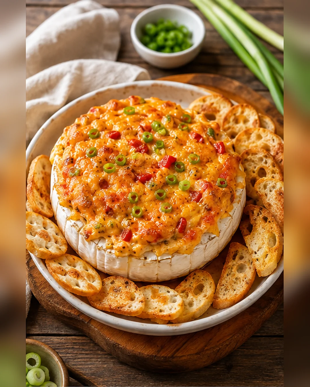 Round wheel of baked cheese dip topped with red peppers and green onion rings, surrounded by crostini.