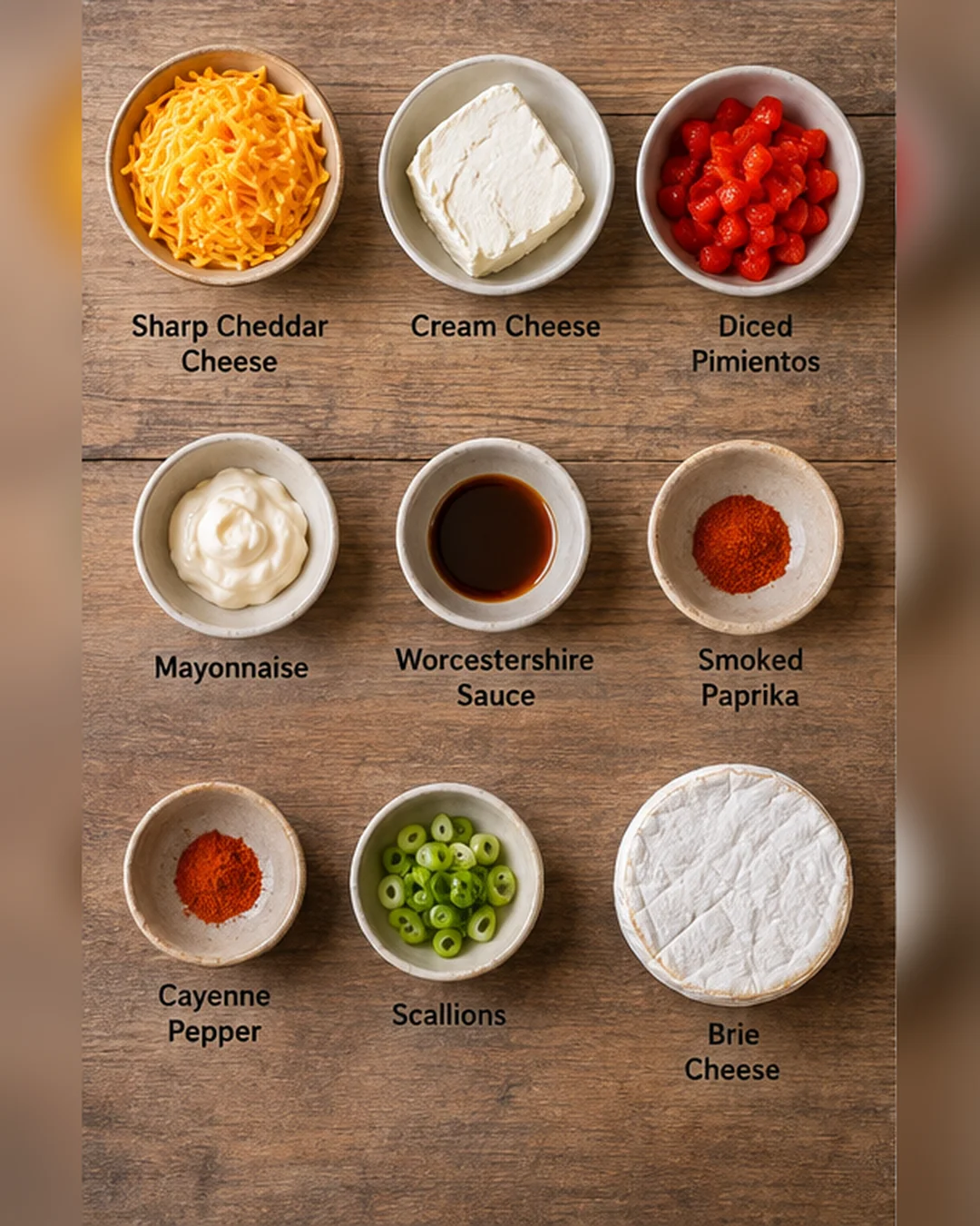 Overhead view of bowls containing cheddar, cream cheese, pimentos, mayo, sauces, spices, and scallions.