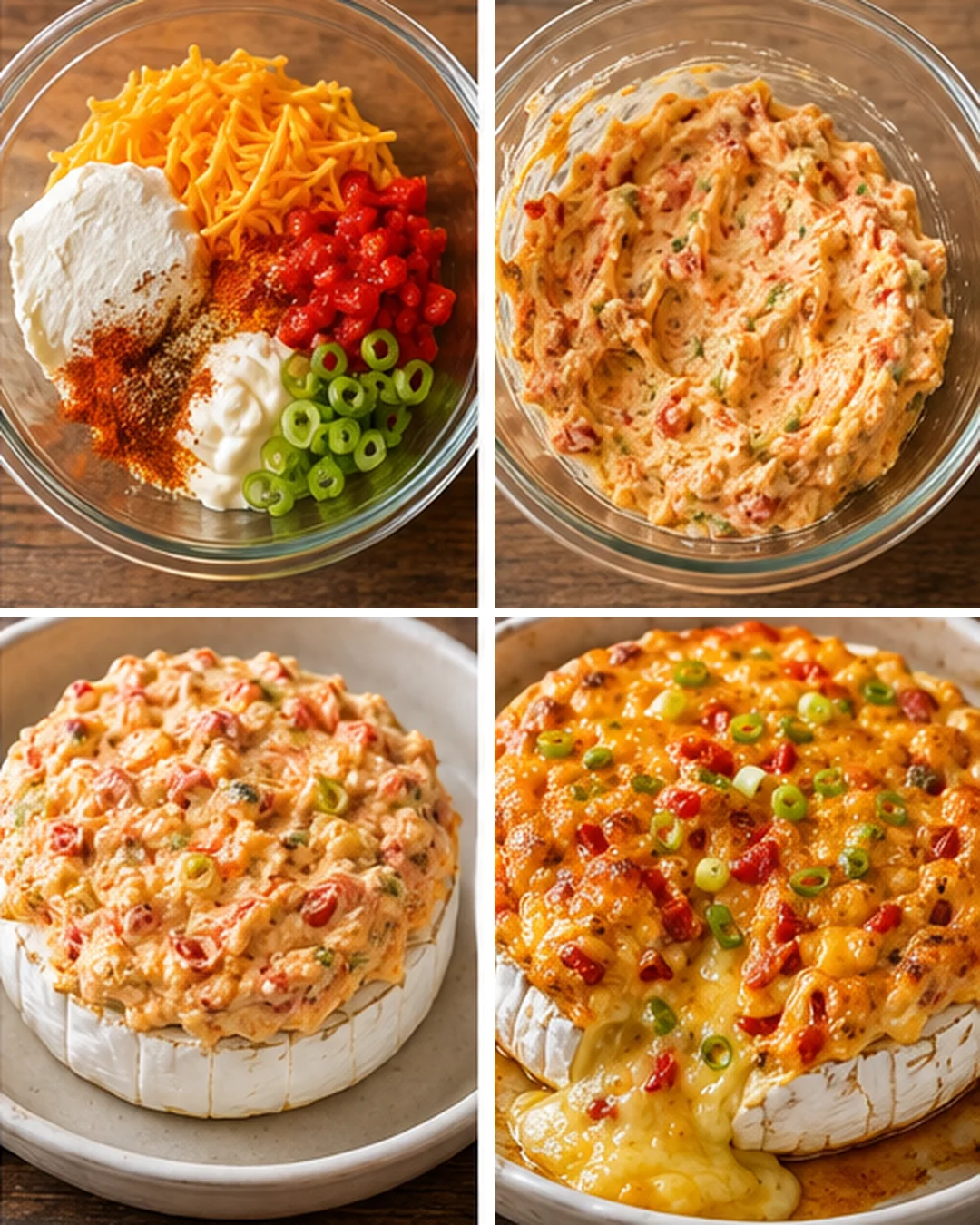 Four-panel collage showing ingredients, a creamy dip, and a bubbly baked brie with colorful toppings.