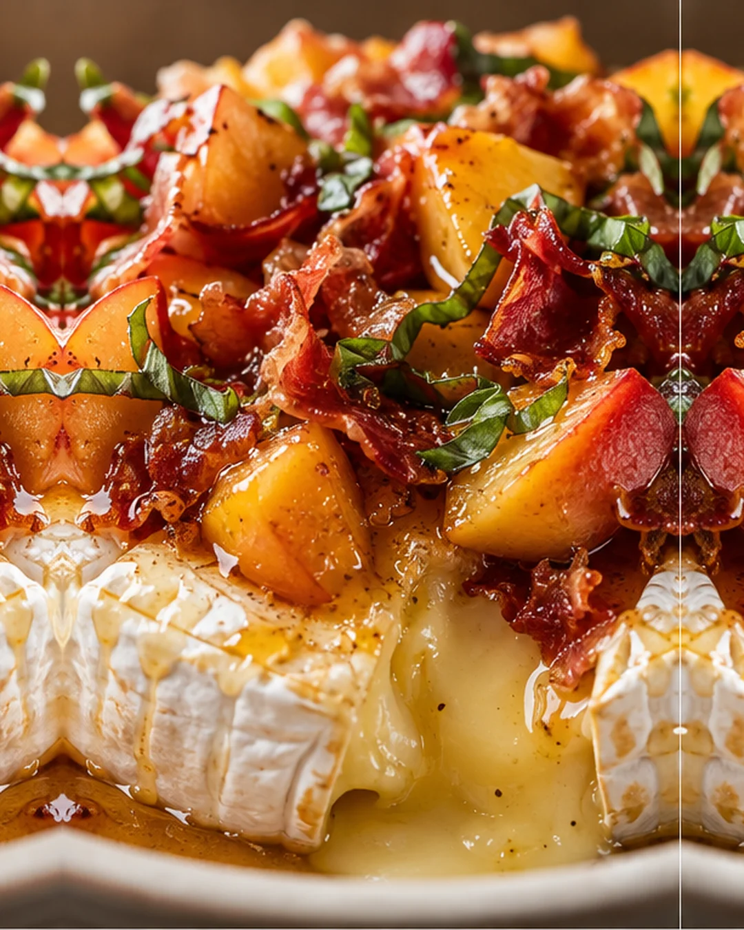 Close-up of melted Brie topped with peaches, prosciutto, and honey garnished with basil